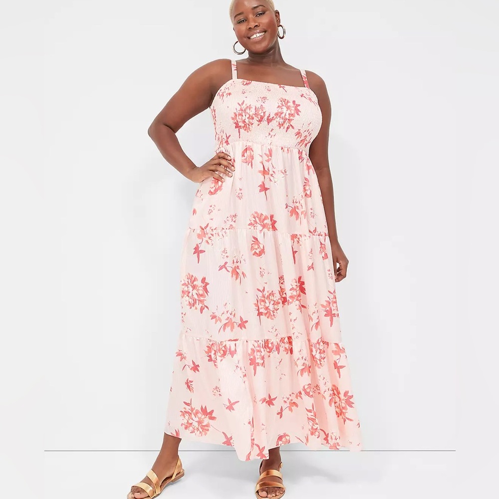 Lane Bryant, 14, pink floral, smocked top, sleeveless tiered maxi dress